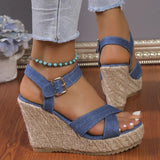Women's Open Toe High Wedge Sandals - Blue - Wedge Sandals - 42 B - Denim - image 4