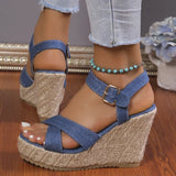 Women's Open Toe High Wedge Sandals - Blue - Wedge Sandals - 42 B - Denim - image 9