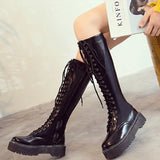 Women's Men's Knee High Lace Up Boots - Black - Matte 1 / Knee High Boots - 48 B - PU Leather - image 6