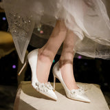 Women's French Silk Flower Wedding Shoe - White - 10cm Bridal Shoes - 41 B - Silk/PU Leather - image 4
