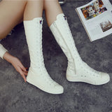 Women's Canvas Knee High Lace Up Boots - White - 2cm Heel - 43 B - Canvas - image 2
