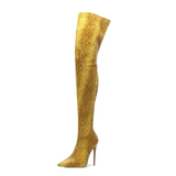 Women's Snake Print Cloth Long Boots - Yellow - Snake Print - 45 B - Plush Stretch Material - image 17