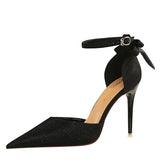 Women's Glitter Bow Knot Strappy Heels - Black - Prom Shoes - 43 B - PU Leather - image 45