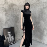 Women's Long Gothic Velvet Spilt Dress - Black - Dress - XXXL - Velvet - image 9