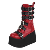 Women's Gothic Buckle Strap Biker Boots - Wine Red - Buckle Biker Boots - 34 B - PU Leather - image 9