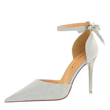 Women's Glitter Bow Knot Strappy Heels - Silver - Prom Shoes - 43 B - PU Leather - image 2