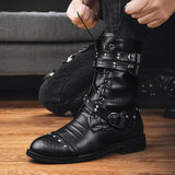 Men's Leather Lace Up Buckle Strap Boots - Black - Biker Boot - 45 B - Genuine Leather - image 15