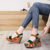 Women's Floral Platform Wedge Sandals - Black - Retro Print Wedges - 42 B - PU Leather - image 23