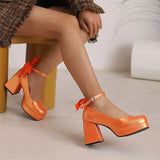 Women's Square Toe Block Heel Platforms - Blue - Platform Heels - US14-EU45-27.5CM - PU Leather - image 21