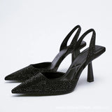 Women's Shiny Beaded Mid Heeled Mules - Black - Slingback Mules - 43 B - PU Leather - image 6