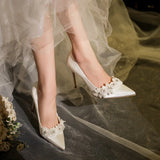 Women's French Silk Flower Wedding Shoe - White - 10cm Bridal Shoes - 41 B - Silk/PU Leather - image 5