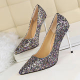 Women's High Heel Glitter Prom Pumps - Gold - 9.5cm / Glitter Shoe - 43 B - PU Leather - image 45