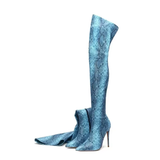 Women's Snake Print Cloth Long Boots - Blue - Snake Print - 45 B - Plush Stretch Material - image 14