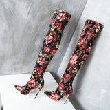 Women's Floral Stretch Cloth Long Boots - Pink - Floral - 45 B - Plush Stretch Material - image 12