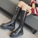 Women's Men's Knee High Lace Up Boots - Black - Matte 1 / Knee High Boots - 48 B - PU Leather - image 9