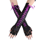 Women's Elbow Length Fingerless Gloves - Black - Lace Up Gloves - One Size - Acetate - image 10