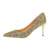 Women's High Heel Glitter Prom Pumps - Gold - 9.5cm / Glitter Shoe - 43 B - PU Leather - image 19