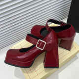 Women's High Patent Square Toe Pumps - Pink - High Mary Janes - 43 B - PU Patent Leather - image 9