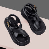 Women's Genuine Leather Summer Sandal - Black - Chunky Flat Sandals - 43 B - Genuine Leather - image 4