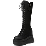 Women's Leather Platform Lace Up Wedges - Black  - Suede - Wedge Boots - 3 B - Genuine Leather - image 6