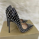 Women's Spikes Rivets Super High Stilettos - Black - 12cm Spike Stilettos - 46 B - PU Leather - image 11
