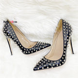 Women's Spikes Rivets Super High Stilettos - Black - 12cm Spike Stilettos - 46 B - PU Leather - image 14