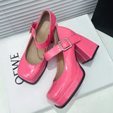 Women's High Patent Square Toe Pumps - Pink - High Mary Janes - 43 B - PU Patent Leather - image 5