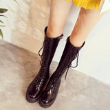 Women's Men's Knee High Lace Up Boots - Black - Matte 1 / Knee High Boots - 48 B - PU Leather - image 13