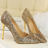 Women's High Heel Glitter Prom Pumps - Gold - 9.5cm / Glitter Shoe - 43 B - PU Leather - image 6