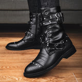 Men's Leather Lace Up Buckle Strap Boots - Black - Biker Boot - 45 B - Genuine Leather - image 12
