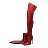 Women's Snake Print Cloth Long Boots - Red - Snake Print - 45 B - Plush Stretch Material - image 16