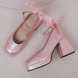 Women's Square Toe Block Heel Platforms - Blue - Platform Heels - US14-EU45-27.5CM - PU Leather - image 26