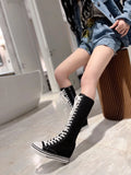 Women's Knee High Platform Canvas Boots - Black - High Top Canvas Sneakers - 40 B - Canvas - image 14