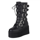 Women's Buckle Strap Wedge Biker Boots - Black - 1 - Matte - Biker Boots - 43 B - PU Leather - image 8