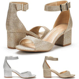 Women's Shimmery Gold Silver Sandals - Gold - Block Heeled Sandals - 42 B - PU Leather - image 11