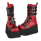 Women's Gothic Buckle Strap Biker Boots - Wine Red - Buckle Biker Boots - 34 B - PU Leather - image 5