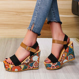 Women's Floral Platform Wedge Sandals - Black - Retro Print Wedges - 42 B - PU Leather - image 7