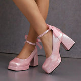 Women's Square Toe Block Heel Platforms - Blue - Platform Heels - US14-EU45-27.5CM - PU Leather - image 23