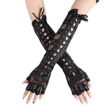 Women's Elbow Length Fingerless Gloves - Black - Lace Up Gloves - One Size - Acetate - image 1