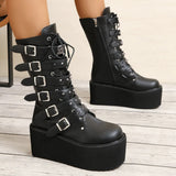 Women's Buckle Strap Wedge Biker Boots - Black - 1 - Matte - Biker Boots - 43 B - PU Leather - image 3