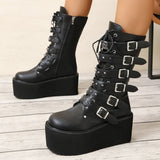 Women's Buckle Strap Wedge Biker Boots - Black - 1 - Matte - Biker Boots - 43 B - PU Leather - image 9