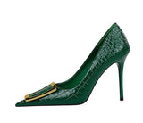 Women's Metal Buckle Pointed Toe Pumps - Green - Formal Shoes - 40 B - PU Leather - image 36