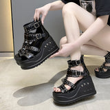 Women's Gothic Punk Rivet Wedge Sandal - Black - 1 / Rivet / Matte / Sandals - 43 B - PU Leather - image 4