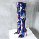 Women's Floral Stretch Cloth Long Boots - Pink - Floral - 45 B - Plush Stretch Material - image 4