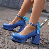 Women's Square Toe Block Heel Platforms - Blue - Platform Heels - US14-EU45-27.5CM - PU Leather - image 46