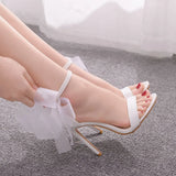 Women's Chiffon Bow High Bridal Sandals - White - Wedding Sandals - 43 B - PU Leather - image 8