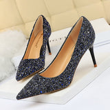 Women's High Heel Glitter Prom Pumps - Gold - 9.5cm / Glitter Shoe - 43 B - PU Leather - image 41