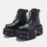 Women's Leather Dark Punk Lace Up Boot - Black - Biker Boots - 46 B - Split Leather - image 4