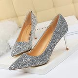 Women's High Heel Glitter Prom Pumps - Gold - 9.5cm / Glitter Shoe - 43 B - PU Leather - image 28