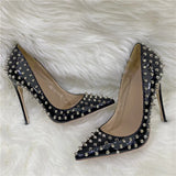 Women's Spikes Rivets Super High Stilettos - Black - 12cm Spike Stilettos - 46 B - PU Leather - image 12